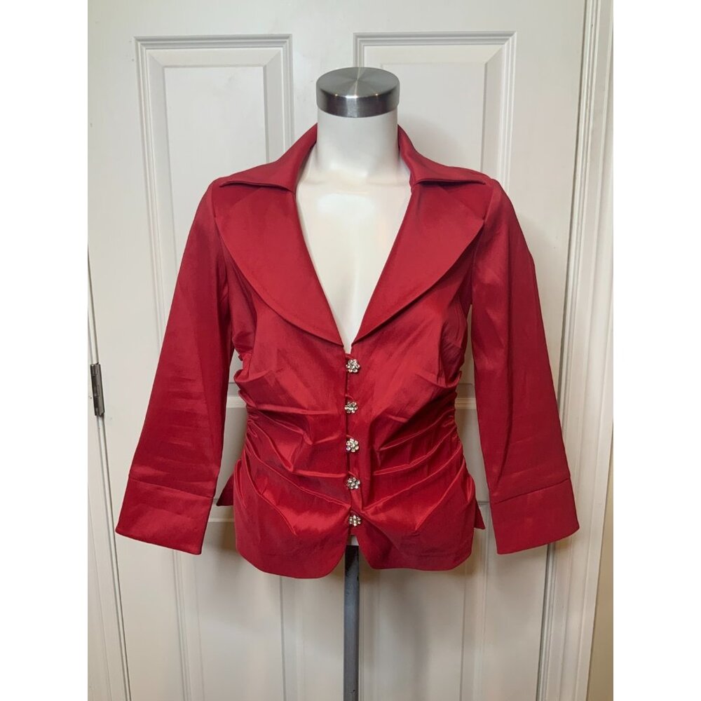 Tadashi Shoji Collection Red Shirred Taffeta Jewel Button Jacket, Size 10